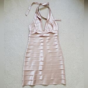 BCBGMAXAZRIA Champagne Tiered Satin Halter Mini Dress sz0